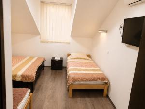 two beds in a small room with a tv at Vila Radovanje in Cerovac
