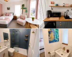 two pictures of a room with a bedroom and a bathroom at Seaview Surf Studios in Newquay +68 photos