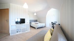 a living room with a couch and a television at Maritima in Krynica Morska