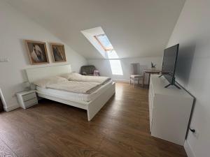 a bedroom with a bed and a tv on a dresser at Apartament Spokojny in Łańcut