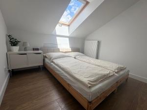 a bedroom with a bed with a skylight at Apartament Spokojny in Łańcut