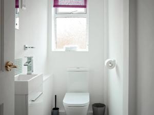 a white bathroom with a toilet and a window at Pine Hill Lodge in Guisborough