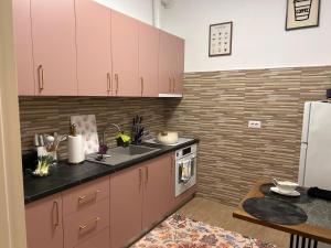 a kitchen with pink cabinets and a sink and a refrigerator at Pensiunea ALDA in Suceviţa