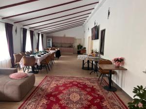 a living room with tables and chairs and a rug at Pensiunea ALDA in Suceviţa