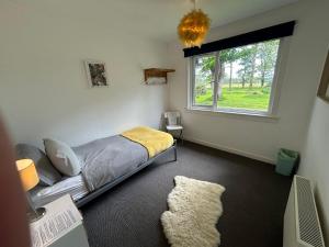 a bedroom with a bed with a window and a rug at The Bunkhouse in Applecross