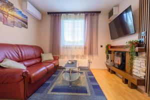 a living room with a leather couch and a fireplace at Kuca za odmor Vinica breg in Varaždin