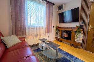 a living room with a couch and a table and a television at Kuca za odmor Vinica breg in Varaždin