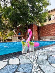 a pink flamingo float next to a swimming pool at Silver Lake View Resort in Barhi