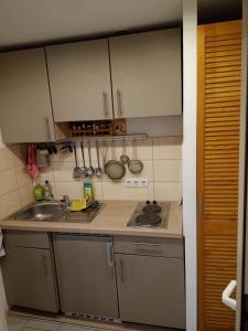 a small kitchen with white cabinets and a sink at Luki's Apartment in Horn-Bad Meinberg