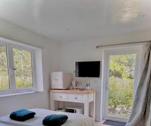 a bedroom with a bed and a desk with a television at The lighthouse in St Ives