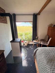a bedroom with a wood stove in front of a window at Schmöllner Eierlei in Schmölln +14 photos