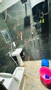 a bathroom with a sink and a toilet on a counter at Agrawal seva sadan in Mathura