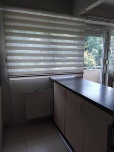 a kitchen with a counter and a window with blinds at Zvezdica in Užice +2 photos
