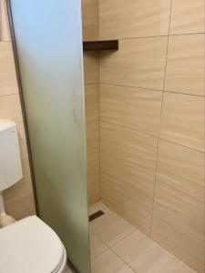 a bathroom with a toilet and a shower at Casuta-Maria-Kisház in Sovata +7 photos