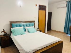 a bedroom with a large bed with blue pillows at Nimro Luxury Residence in Ragama