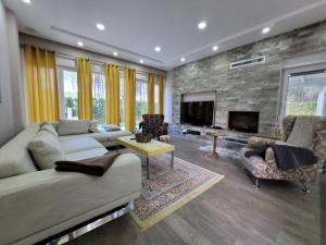 a living room with a couch and a fireplace at Vila Eva Lalz in Draç