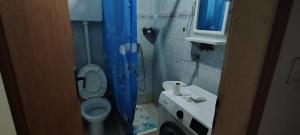 a bathroom with a toilet and a blue shower curtain at stan in Podgorica