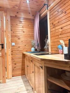a kitchen with a sink and a wooden wall at Sigła w sidłach in Aleksandrów +38 photos