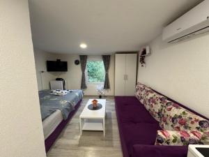 a small room with a bed and a couch at Georgeous lux apartment # purple in Foča