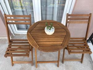 a wooden table with two chairs and a potted plant at D&M Lux2 in Podgorica