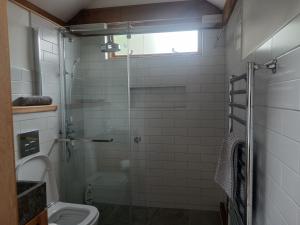 a bathroom with a glass shower with a toilet at Oak framed appartment in Chester +42 photos