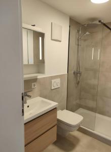 a bathroom with a shower and a toilet and a sink at Modernes City-Apartement - 6 Gäste in Weingarten +10 photos