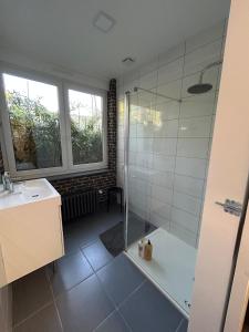 a bathroom with a shower and a sink at La Parenthèse Gîte in Créhange +11 photos