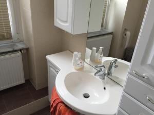 ein Badezimmer mit einem weißen Waschbecken und einem Spiegel in der Unterkunft Pension Gutshaus in Halle an der Saale
