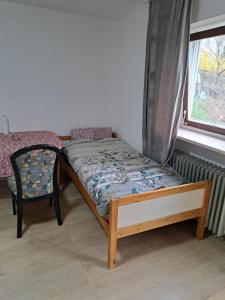 a bed and a chair in a room with a window at MHm in Passau