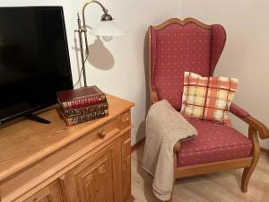a living room with a chair and a television at Panoramic Alpine Residence in Eisenerz