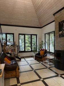 a living room with leather furniture and a fireplace at Феєрія Лісу in Skhidnitsa