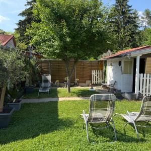 two chairs sitting in the grass in a yard at Niki Vendégház in Abaliget
