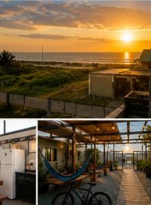 a collage of photos of a house with a hammock and the beach at kitnets Luz Beira mar in Tramandaí
