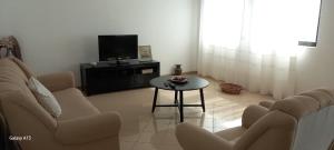 a living room with two chairs and a table and a tv at Sunrise house in Ribeira Grande