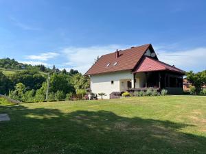 a house with a red roof on a grass field at Apartments Renata in Smoljanac