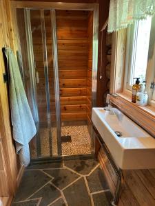 a bathroom with a shower and a sink at Liten hytte i Tinn in Notodden +20 photos