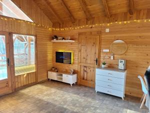 a room with wooden walls and a tv and a dresser at Brvnara Bata - Vikendica na Drini in Lipnički Šor