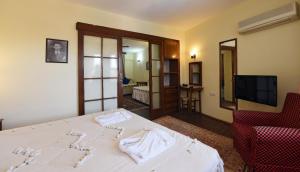 a hotel room with a bed and a tv and a room at Villa Konak Hotel in Kuşadası