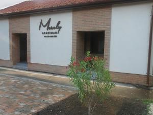 a building with a sign on the side of it at Mosoly Deluxe Apartman in Gyula