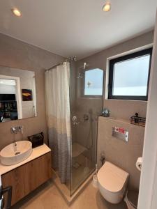a bathroom with a shower and a toilet and a sink at Karen's Favorite in Skala Potamias +23 photos