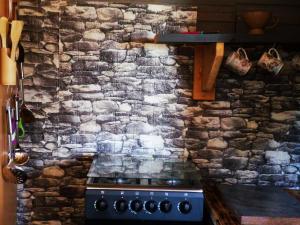 a stove in a kitchen with a stone wall at Wagon Wheel Gabin in Chrissiesmeer
