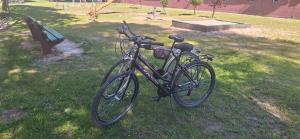 a bike parked in the grass next to a park at Zielone Okno Apartament w Augustowie blisko jeziora i centrum in Augustów