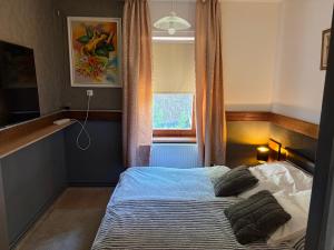 a bedroom with a bed and a window at Újszeged apartman in Szeged
