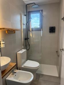 a bathroom with a toilet and a shower and a sink at VillaBrisaeta, villa costera a un paso de todo. in Benicàssim +51 photos