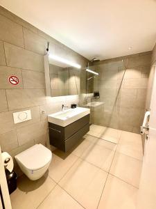 a bathroom with a white toilet and a sink at Heyko Holiday Interlaken in Interlaken +25 photos