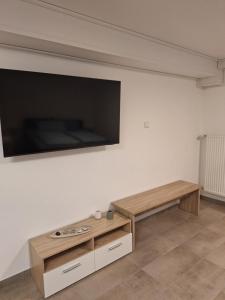 a living room with a large flat screen tv on a wall at Das kleine SOTEL in NuÃŸbaum