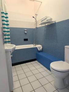 a bathroom with a toilet and a tub and a sink at Hôtel du Commerce - Centre Millau in Millau
