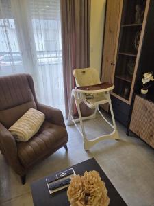 a living room with a couch and a chair and a table at Golden Time SM Apartman in Sremska Mitrovica