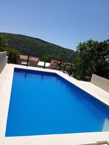 a large blue swimming pool with a mountain in the background at Apartment Barba in Bribir