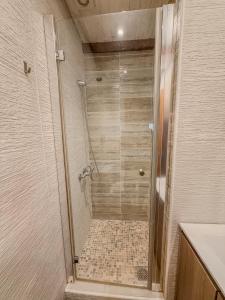 a shower with a glass door in a bathroom at Apartamento Las Medulas in Covas +51 photos